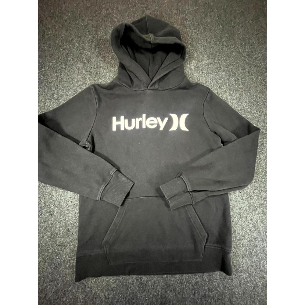 Hurley Hoodie Mens Large Black Logo Fleece Lined Long Sleeve Pullover Travel